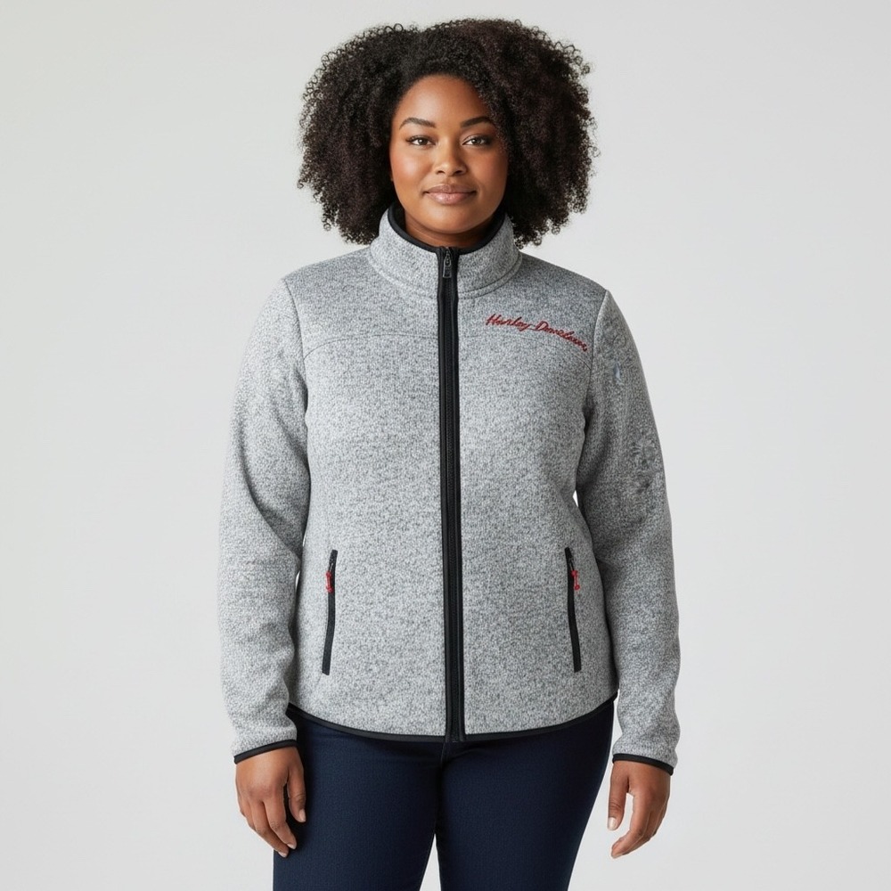 Harley-Davidson Womens 2XL Grey Marled Sweater Fleece Full Zip Jacket Biker Moto